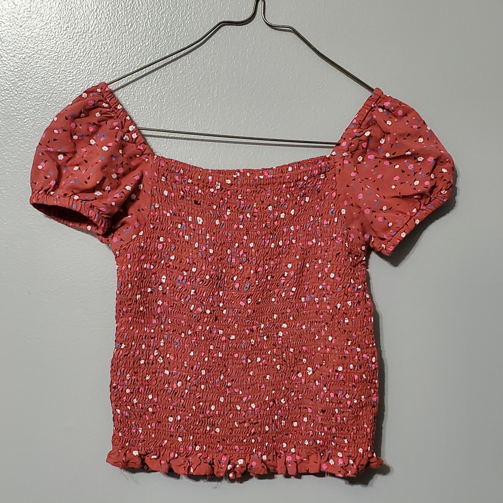Japna Kids Dark Pink Floral Smocked Puff-Sleeve Crop Top Girl's Size 10